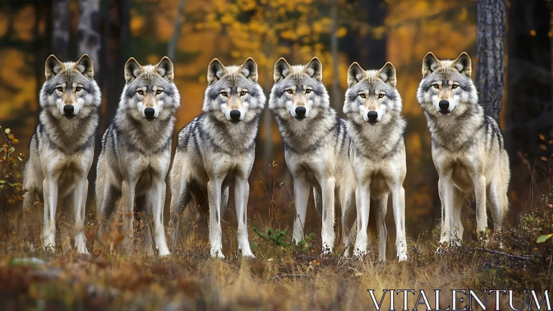 Synchronized gray wolf formation in autumn boreal understory.