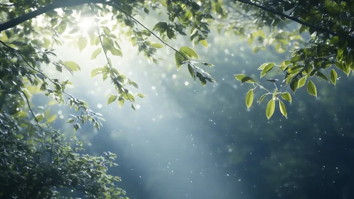 Morning sunbeams drift through leaves and wake tiny forest dust