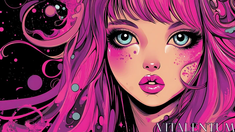 Neon-eyed dream girl adrift in pink cosmic currents.