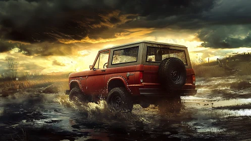 Vintage red off-road SUV powers through stormy wetland.