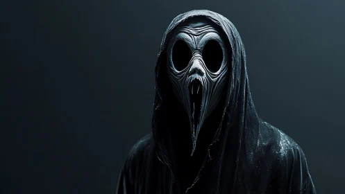 Hooded skeletal figure with elongated beak mask in shadow.