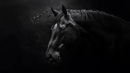 Black horse head on dark background with particle effect.