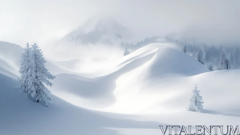 Quiet snow covered hills with frosted evergreen trees at dawn