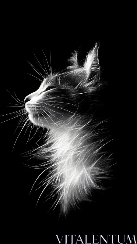 White graphite cat portrait rendered against black background with flowing fur texture.