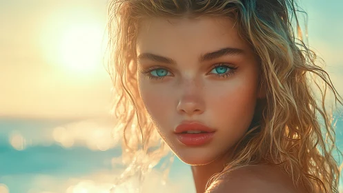 Sunlit beach portrait highlights bright eyes and soft waves