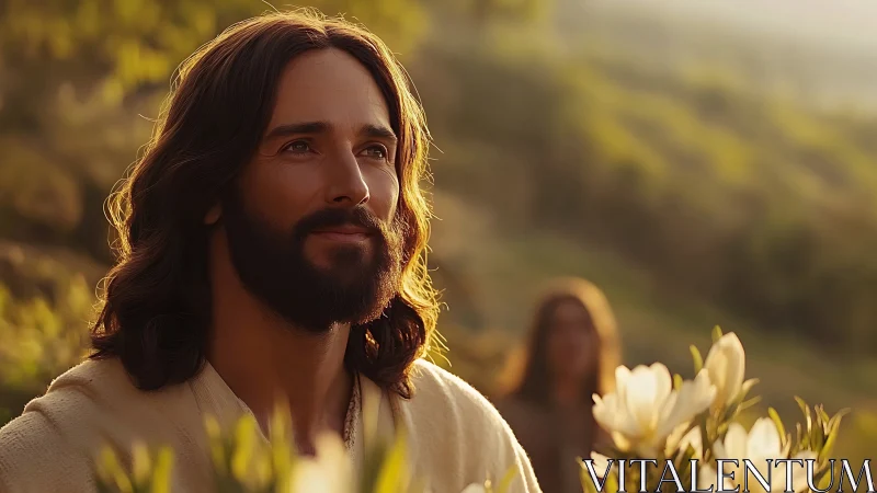 Sunlit shepherd soul amid lilies and gentle hillside hush.