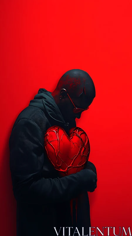 Cracked red heart held close against a blazing backdrop.