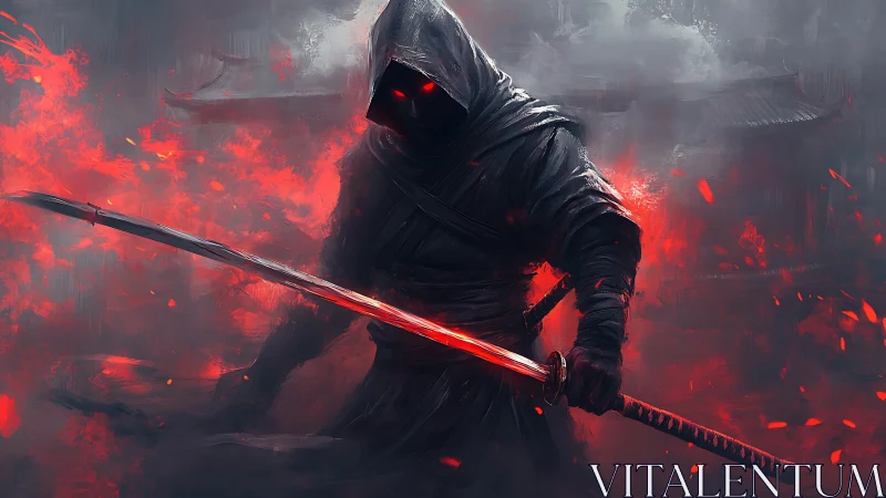 Hooded dark warrior holding glowing red katana in fire