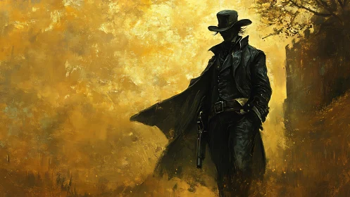Noir gunslinger silhouette in saturated ochre atmospheric field.