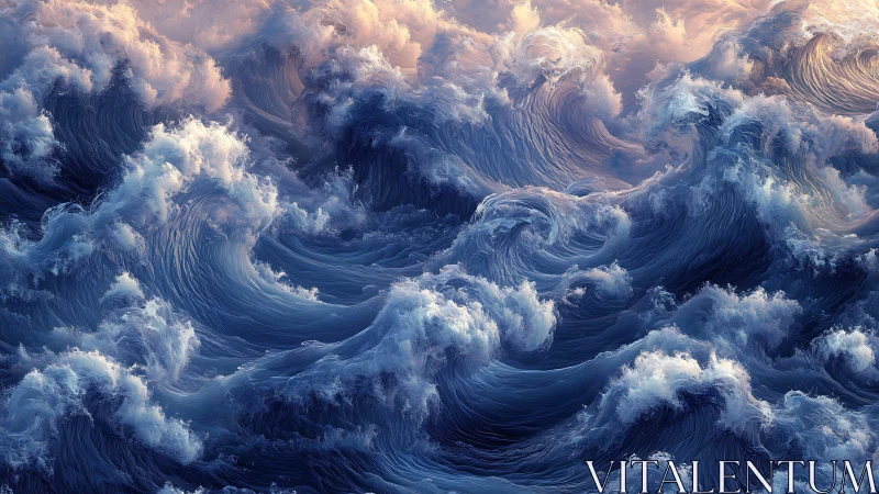 Velvet storm waves swirling under soft pastel sunrise.