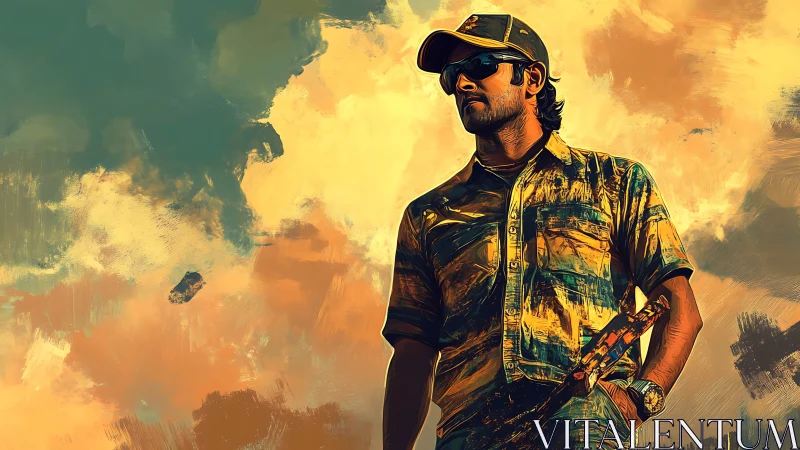 Confident man stands against vivid abstract painted sky