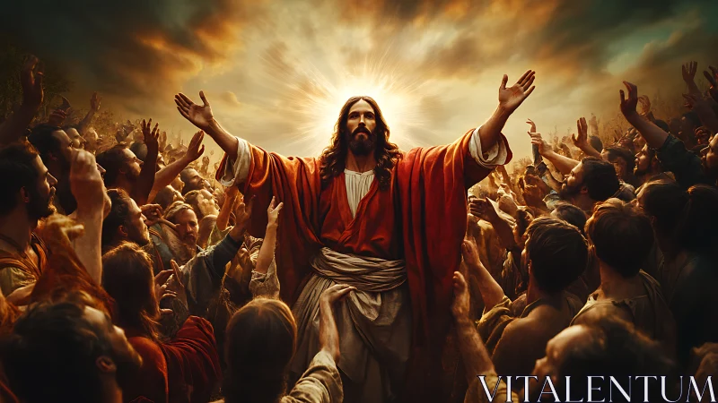 Radiant spiritual leader blessing gathered crowd at sunrise.