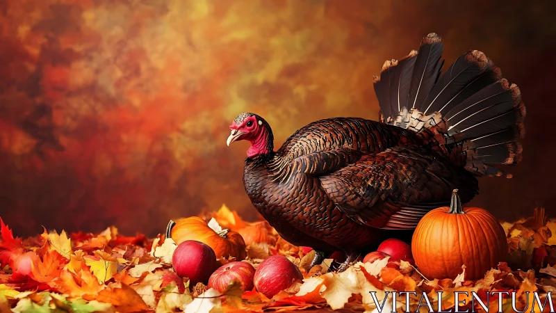 Wild turkey stands amid gourds and leaves under warm bokeh field