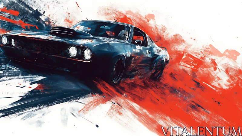 Muscle car power slide with red and blue motion paint trails