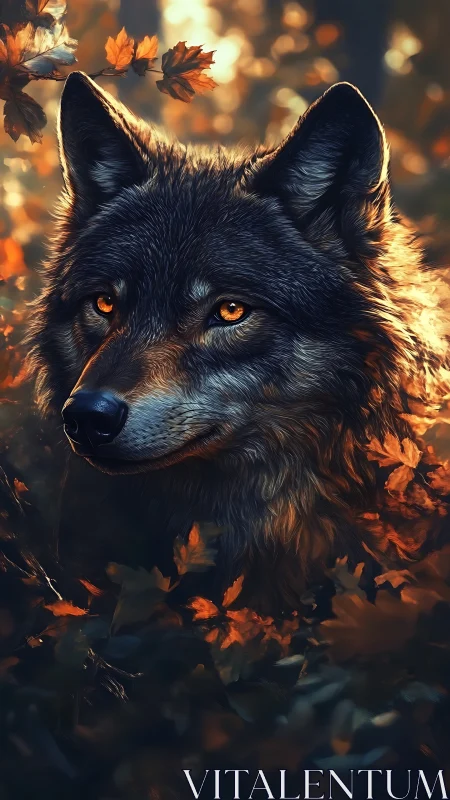 Autumn-lit wolf portrait rendered in high-detail digital painting