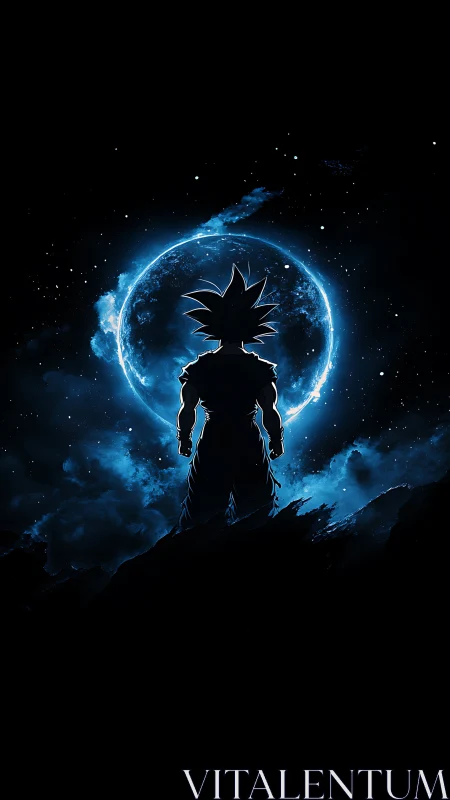 Cosmic warrior silhouette before luminescent eclipse horizon.