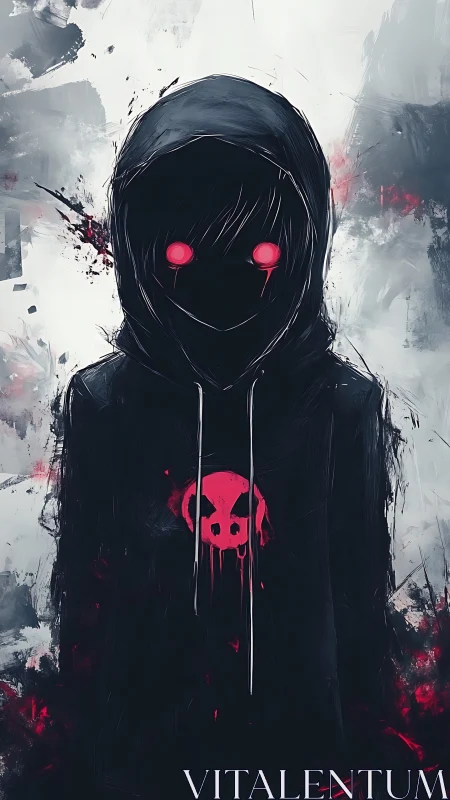 Hooded cyber specter with neon eyes and crimson emblem.