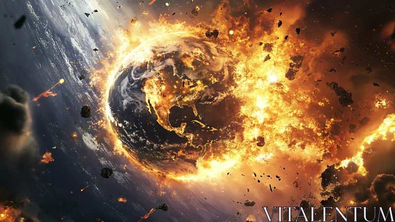 Earth shatters in a cosmic inferno of molten twilight fire.