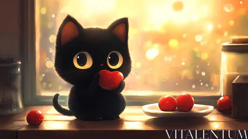 Black cat with golden eyes holding red spheres near window