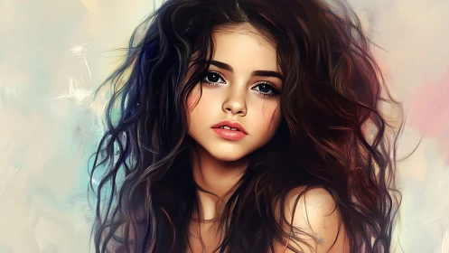 Digital portrait of young woman with voluminous wavy hair