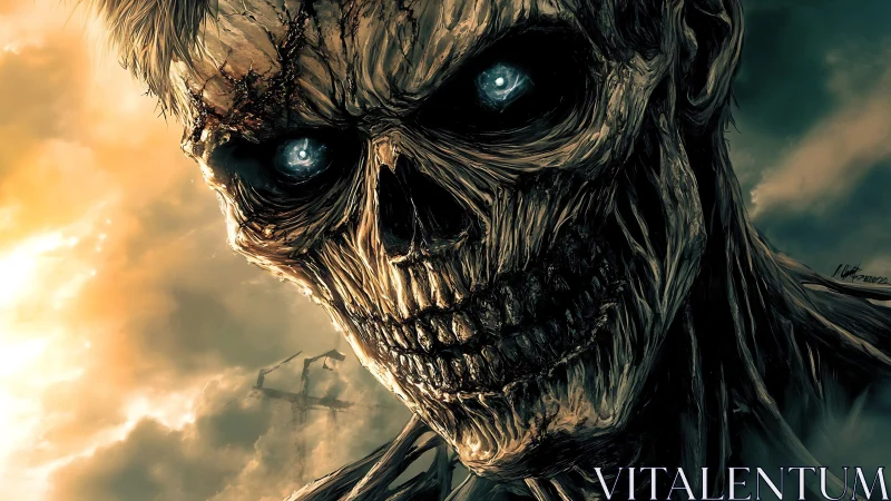 Eroded necrotic titan with luminous ocular cores at dusk.