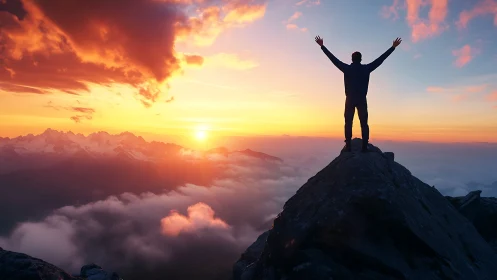 Silhouette on mountain peak under blazing cloud-washed sunrise.