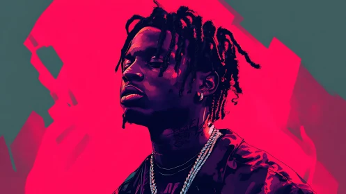 Bold digital portrait of man with chains on neon background.