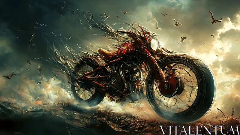 Surreal motorcycle dissolving into stormy sky forms.
