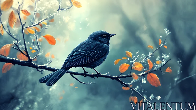 Blue songbird perched on autumn branch, dreamy digital painting.