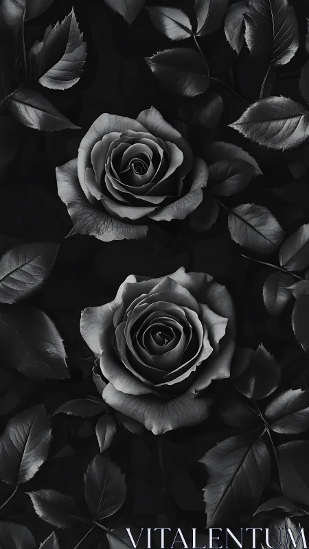 Black and white roses with foliage against dark background