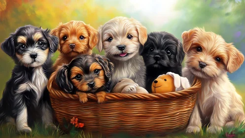 Six fluffy puppies sit snugly in wicker basket outdoors