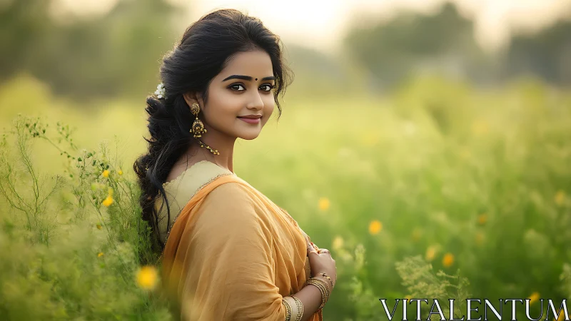 Elegant woman in traditional attire standing in blooming field, soft focus.