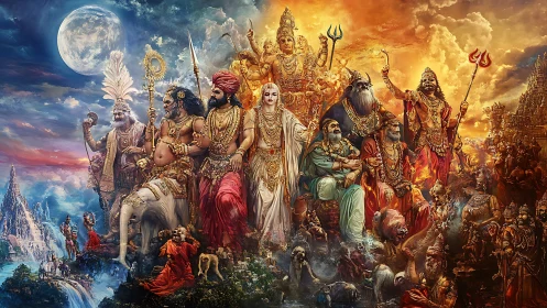 Celestial council of gods dividing moonlit calm and blazing war.