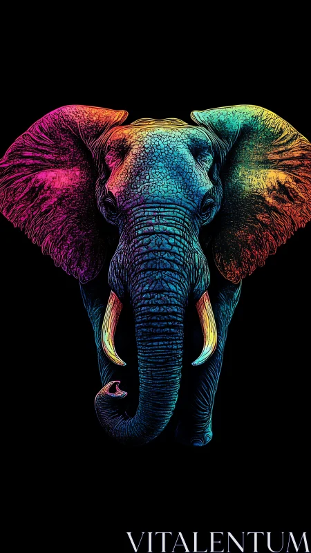 Neon spectrum elephant portrait with high contrast black ground