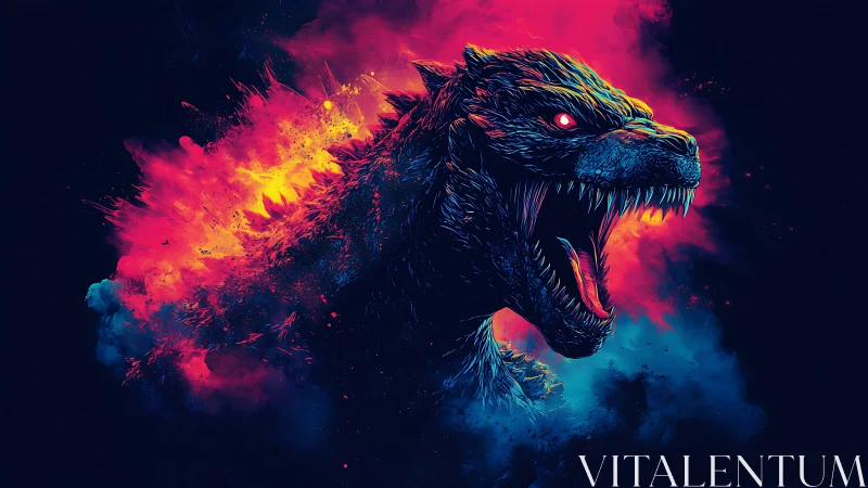 Neon reptilian creature head amid red and blue particle clouds.