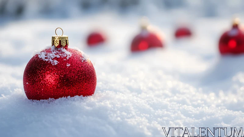 Crimson ornaments resting quietly in a blanket of winter snow.
