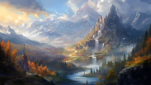 Mountain valley landscape shows waterfalls, river and towers