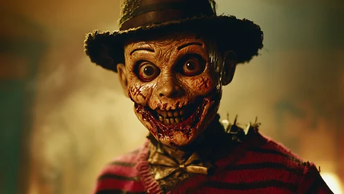 Grotesque wooden puppet figure in striped sweater indoors.