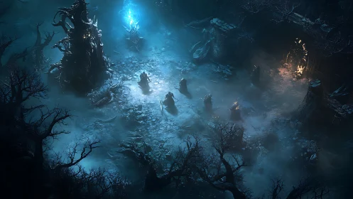 Shadowed ritual circle glows softly in a haunted forest