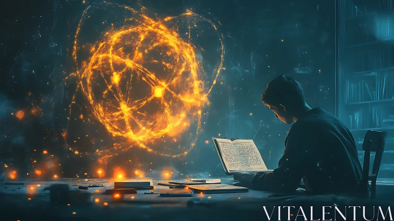 Young reader discovering glowing cosmic knowledge in study.