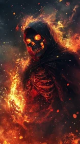 Fiery hooded reaper glowing with embers and swirling flame.