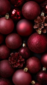 Macro study of red glitter ornaments and metallic pinecones.