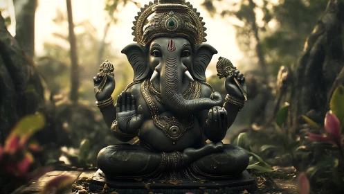Photorealistic Ganesha sculpture in lush jungle clearing at dawn