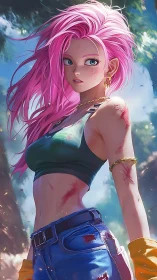 Battle-scarred pink rebel under sunlit forest skies.