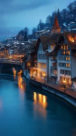 Blue hour riverside town with lit facades and steep spire