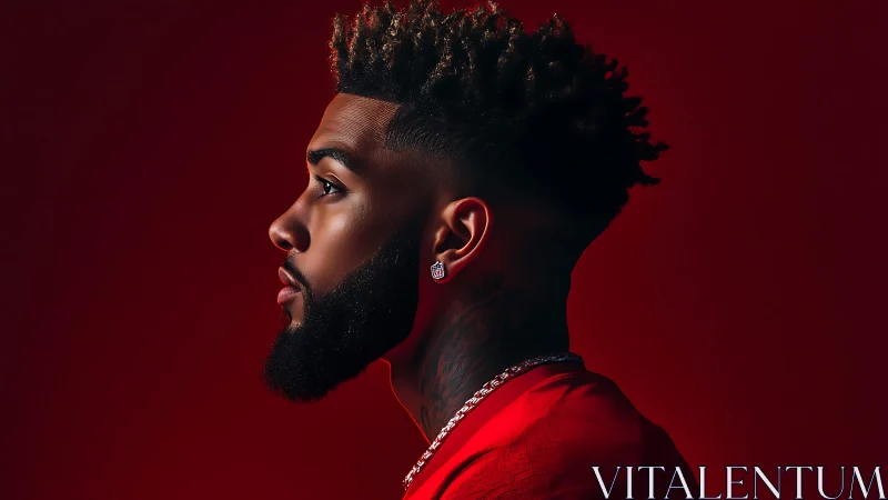 Profile portrait in bold red with confident quiet glow.