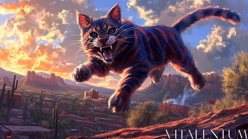 Giant striped cat leaps over desert city at sunset sky