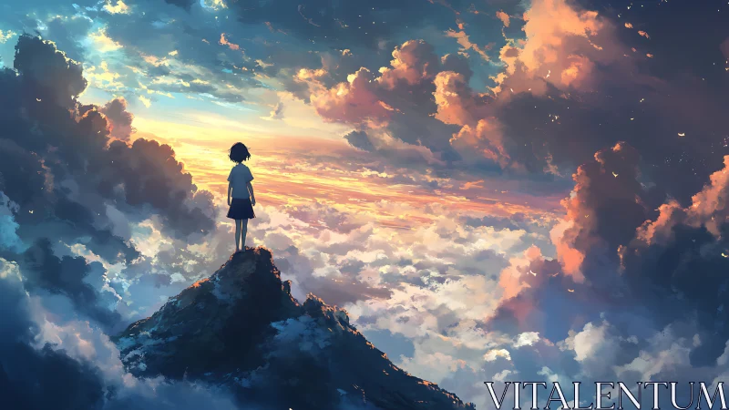 Solitary figure observes volumetric clouds in high-altitude dusk sky