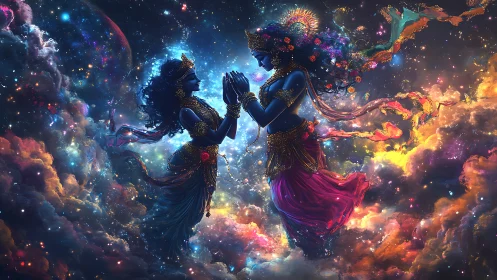 Bilateral celestial deities rendered in luminous cosmic nebulae