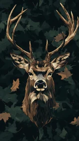 Forest monarch stag emerging from painterly shadowed leaves.